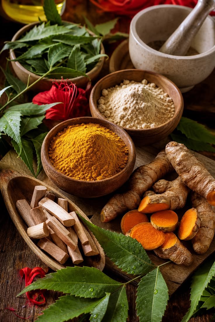 Assorted Ayurvedic herbs and powders in wooden bowls